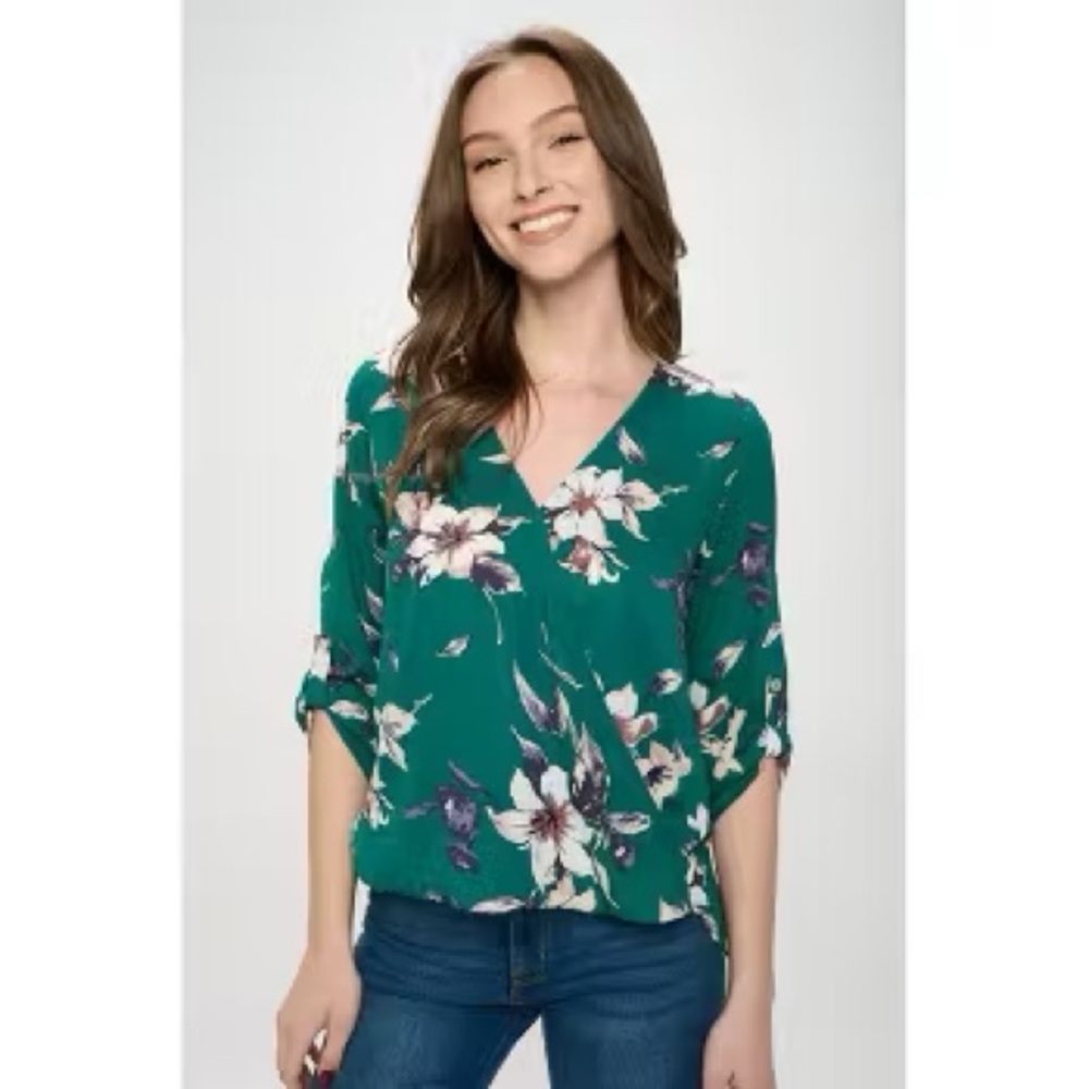 Green Floral V-Neck Women's Blouse
